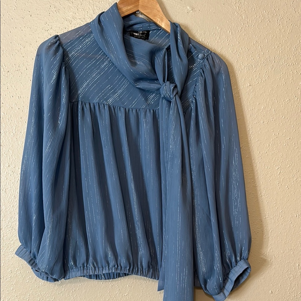 Wet Seal Blue 3/4 Sleeve Tie Front Blouse